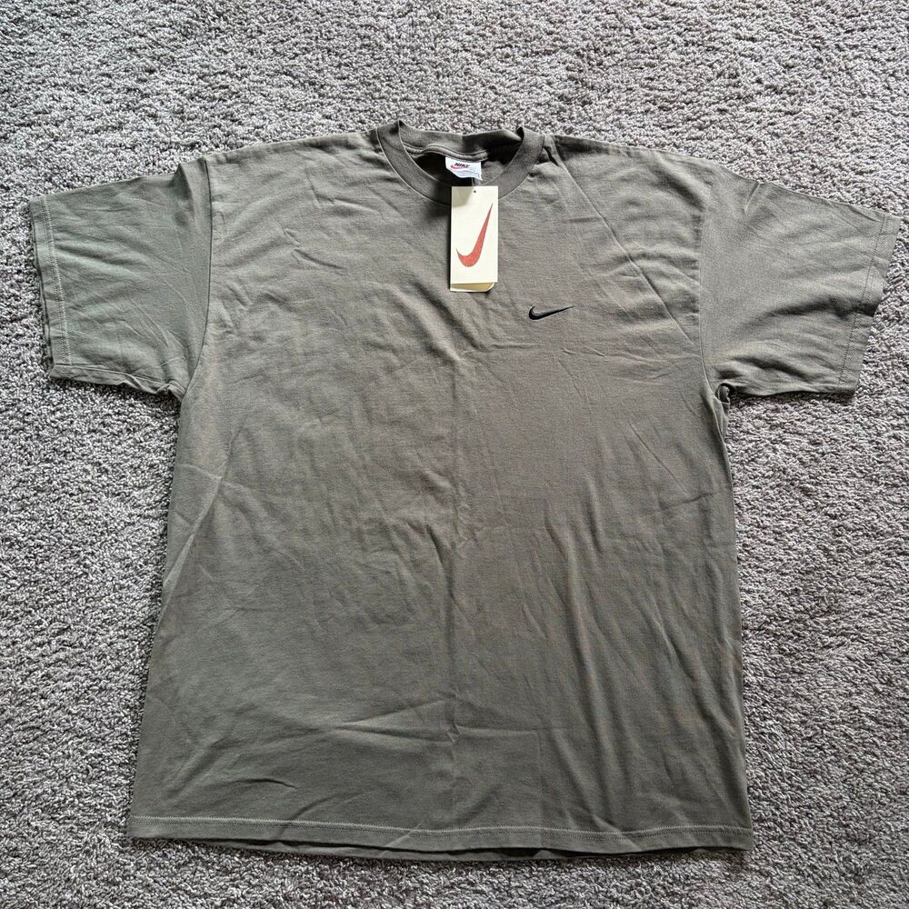 Vintage 90s Deadstock Nike Mini Swoosh T Shirt Olive Green Men’s Size XL USA